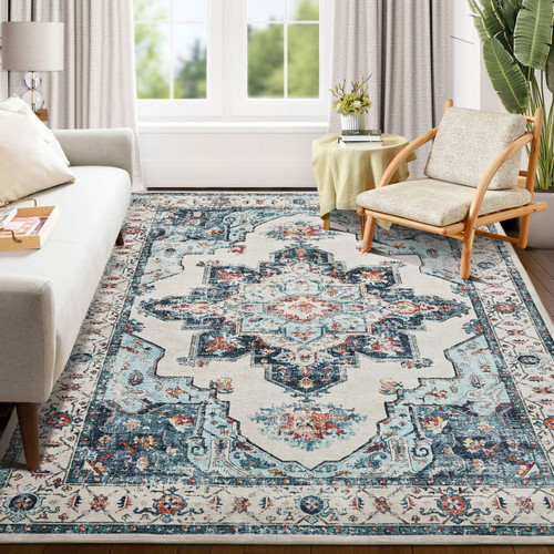 Area Rug Living Room Rugs: 3x5 Washable Large Carpet Boho Oriental Persian Distressed Bohemian Non-Slip Area Rugs for Dining Room Farmhouse Bedroom Office Home Decor Cream/Blue