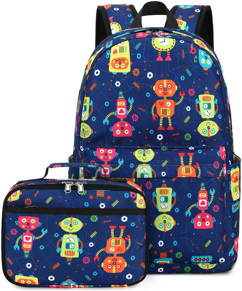 LEDAOU Kids School Backpack with Lunch Box for Boy Kindergarten BookBag School Bag Preschool Kindergarten Toddler Backpack (Robots Navy)