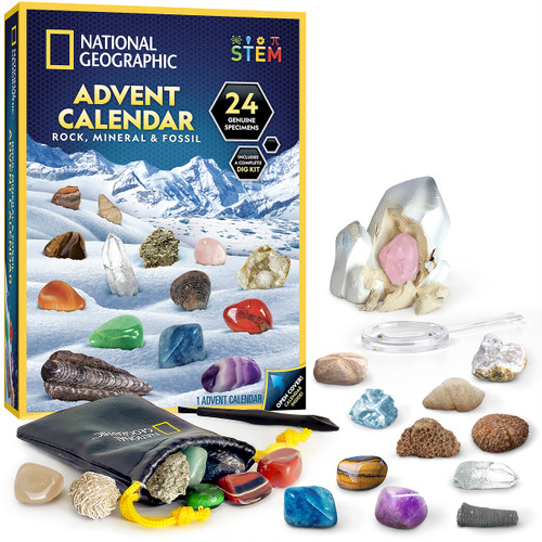 NATIONAL GEOGRAPHIC Rock Collection Advent Calendar 2023 - Advent Calendar for Kids with 24 Gemstones, Minerals & Fossils for Kids, Complete Gem & Fossil Collection Christmas Countdown Calendar