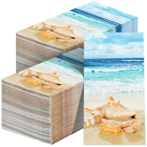 Crtiin 200 Pieces Nautical Beach Guest Napkins 2 Ply Disposable Summer Tropical Ocean Coastal Towels Seashell Sea Beverage Paper Hand Napkins Decorative for Bathroom Wedding Bridal Baby Shower Party