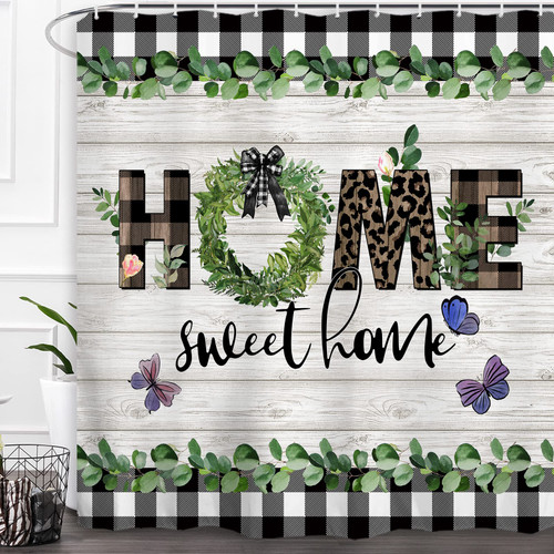 Baccessor Farmhouse Shower Curtain Buffalo Plaid Home Sweet Home Leaf Shower Curtain Sets 72x72 Inch Waterproof Washable Fabric Bathroom Bathtubs Decor with Hooks