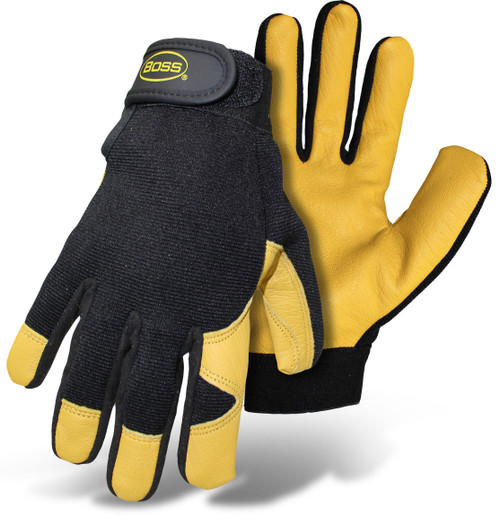 Boss Gloves #4048L Premium Goatskin Boss Guard Gloves, Size Large, Color Black and Gold.