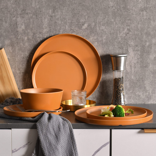 Melamine Dinnerware Set, 12pcs Dinnerware Sets, Dish Set For 4 Plates and Bowls Sets Duarable Dishwasher Safe BPA Free (Pumpkin Red)