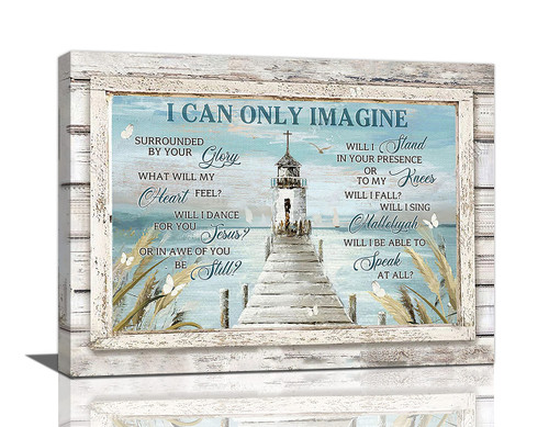 Nautical Lighthouse Wall Art Scripture Christian Cross Wall Decor I Can Only Imagine Quotes Picture Canvas Prints Motivational Framed Artwork for Home Living Room Bedroom Bathroom16 x12