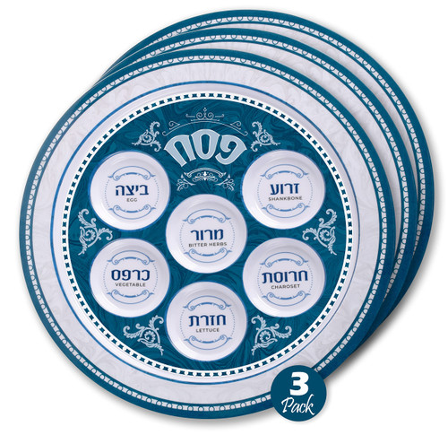 Ner Mitzvah Seder Plate for Passover - Melamine 12" Passover Seder Plate - Blue and White Marble Design Passover Plate - 3 Pack