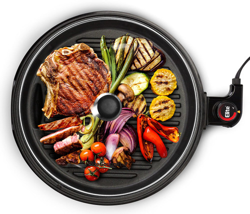 Elite Gourmet EMG6505G Smokeless Indoor Electric BBQ Grill with Glass Lid, Dishwasher Safe, Nonstick, Adjustable Temperature, Fast Heat Up, Low-Fat Meals Easy to Clean Design, Stainless Steel