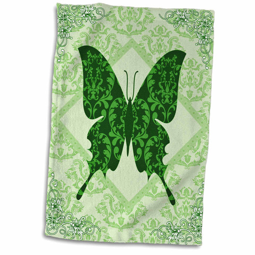 3dRose Green Damask Butterfly On A Light Green Damask Background - Towels (twl-217719-1)