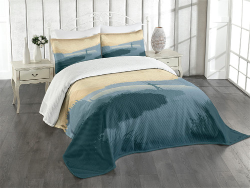 Lunarable Fishing Bedspread, Illustration Landscape of an Angling Fisherman in the Misty Scene Dusty Blue and Beige Tone, Decorative Quilted 3 Piece Coverlet Set with 2 Pillow Shams, Queen Size, Brown