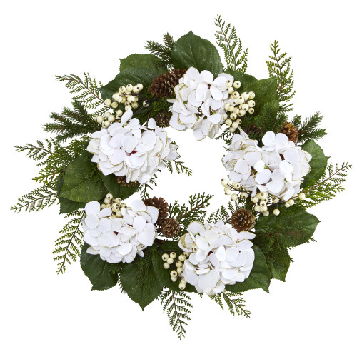 Nearly Natural 4201 24" Gold Trimmed Hydrangea & Berry Wreath White
