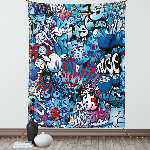 Ambesonne Modern Tapestry, Teenager Style Image Street Wall Graffiti Graphic Colorful Design Art Print, Wall Hanging for Bedroom Living Room Dorm Decor, 40" X 60", Pale Blue