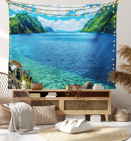 Ambesonne Nature Tapestry Twin Size, Scenic View Sea Bay and Mountain Islands in Palawan Philippines Idyllic Image, Wall Hanging Bedspread Bed Cover Wall Decor, 68" X 88", Blue Green White