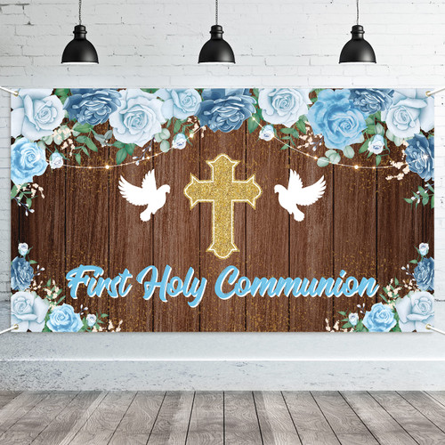 CUweipeng XtraLarge Backdrop Banner Decorations (Blue First Holy Communion)