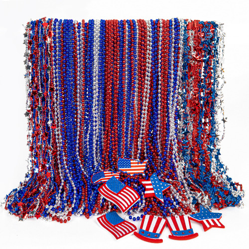 Independence Day Necklace Accessories, 196PCS 4th of July Bead Necklaces, Patriotic 4th of July Red Blue White Necklace USA Hat Flags Pendant, Metallic Necklace for Memorial Day Parades Party Favors