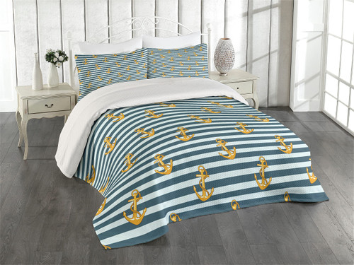 Ambesonne Harbour Stripe Coverlet, Old Fashion Nautical Fashion with Anchors Coast Theme, 3 Piece Decorative Quilted Bedspread Set with 2 Pillow Shams, Queen Size, Yellow Blue Ambesonne Harbour Stripe Coverlet, Old Fashion Nautical Fashion with Anchors Coast Theme, 3 Piece Decorative Quilted Bedspread Set with 2 Pillow Shams, Queen Size, Yellow Blue