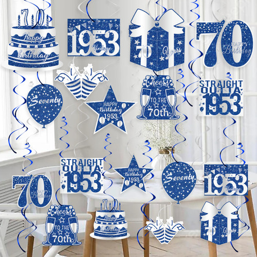 LINAYE 70th Birthday Decorations for Men, 30 Pieces Blue and Silver Hanging Swirls Whirls for 70 Year Old Birthday Party, 70th Birthday Foil Swirls for 1953 Vintage 70th Birthday Decorations Decor