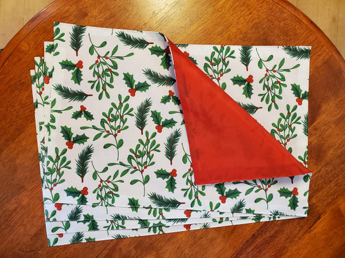 Christmas House Christmas Placemats, Set of 4, Holiday Placemat, Fabric Holly Mistletoe Leaves Berries Red, 18x12