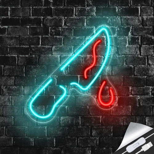 Artlast Bloody Knife Neon Sign LED Knife Neon Light for Halloween Decor Spooky Neon Sign Lights Decor Bloody Knife Shape Decor Neon Night Light for Bedroom Man Cave Movie Night Theme Room Party Ambience Birthday Gifts