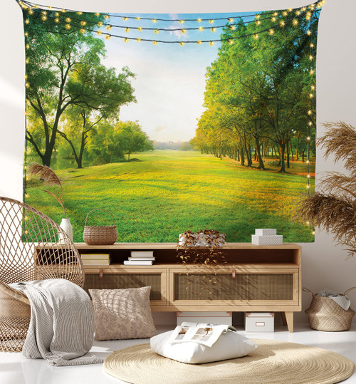 Lunarable Landscape Tapestry King Size, Calming Relaxing Scenery of Valley Hill Grass with Sunbeams Image, Wall Hanging Bedspread Bed Cover Wall Decor, King Size, Green Blue