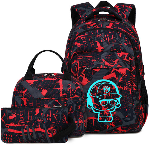 LEDAOU Backpack for Teen Boys School Bags Kids Bookbags Set School Backpack with Lunch Box and Pencil Case (Graffiti Red)