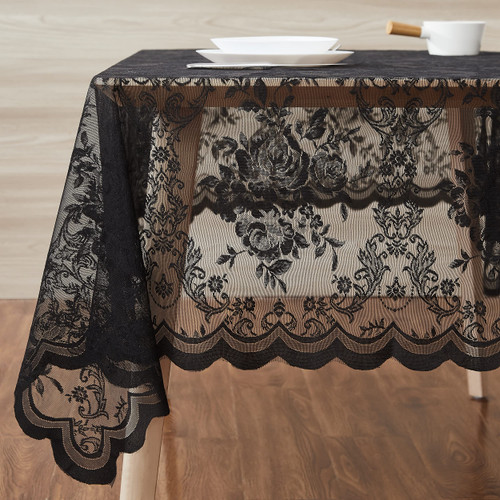 Warm Home Designs 60 x 84 Lace Tablecloth. Black Rectangle Tablecloth with English Rose Design. Rectangular Tablecloth, Rustic Tablecloth or Dining Table Cover for 6-8 Guests. LTC Black 84"