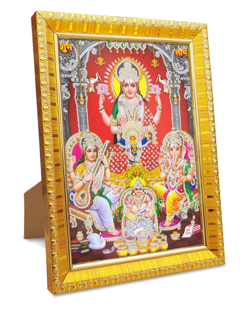 Koshtak Laxmi / lakshmi / mahalaxmi with ganesh saraswati and dhan kuber (6 x 8 inch) Tabletop stand photo frame with Unbreakable Glass for temple Worship / gift / home decor