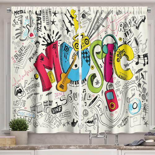 Ambesonne Music Kitchen Curtains, Pop Art Featured Doodle Style Musical Background Instruments Sound Art Illustration, Window Drapes 2 Panel Set for Kitchen Cafe Decor, 55" X 39", Cream Black
