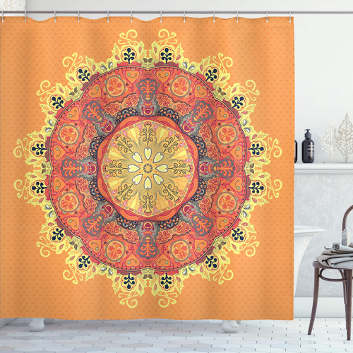 Ambesonne Mandala Shower Curtain, Floral Mandala Pattern Leaves Art Theme Inspired Medallion on Polka Dots, Cloth Fabric Bathroom Decor Set with Hooks, 69" W x 84" L, Orange Yellow