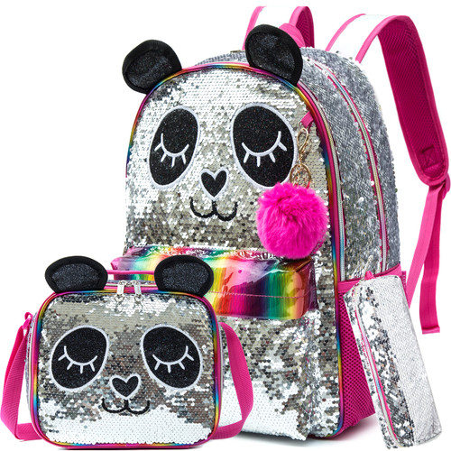 Meetbelify Sequin Backpack for Girls Sparkly Panda Backpacks with Lunch Box for Elementary Preschool Students Cute Bookbag for School