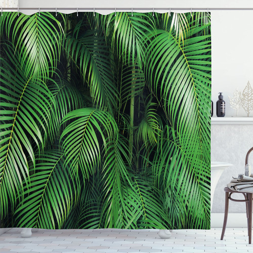 Ambesonne Green Shower Curtain, Tropical Exotic Palm Tree Leaves Branches Botanical Photo Jungle Garden Nature Eco Theme, Cloth Fabric Bathroom Decor Set with Hooks, 69" W x 70" L, Green