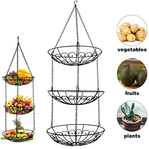 3 Tier Fruit Basket, Vegetable Kitchen Storage Basket Chain Hanging Space Saving Rustic Country Style Chicken Wire Fruits/Produce / Plants Storage Baskets (Black)