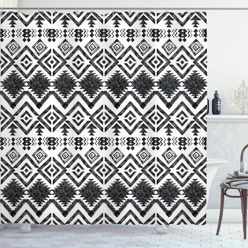 Ambesonne Tribal Shower Curtain, Hand Drawn Style Tribal Pattern Geometric and Oranmental Aztec Design Print, Cloth Fabric Bathroom Decor Set with Hooks, 69" W x 75" L, White and Black