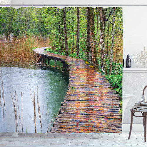 Ambesonne European Shower Curtain, Plitvice National Park Croatia Footbridge Jungle Vacation Wilderness, Cloth Fabric Bathroom Decor Set with Hooks, 69" W x 70" L, Pale Brown Fern Green