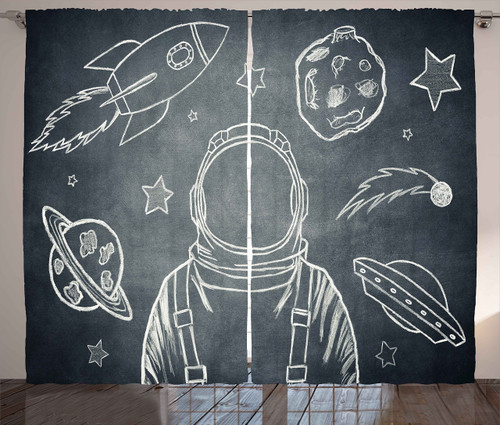 Ambesonne Modern Curtains, Space Backdrop with Planets and Sketchy Astronaut Asteroid Galaxy Image, Living Room Bedroom Window Drapes 2 Panel Set, 108" X 90", Blue White