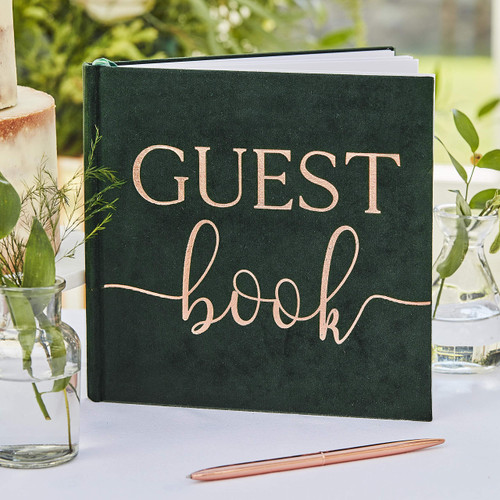 Ginger Ray Botanical Wedding Green Velvet Bronze Foiled Guest Book, Paper