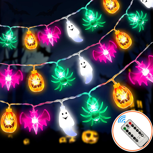Kenburg Halloween String Lights Battery Operated 26 Feet 40 LED 3D Orange Pumpkins, Purple Bats, White Ghosts, Green Spider Lights with Timer-8 Light Modes Halloween Decorations Lights Indoor Outdoor