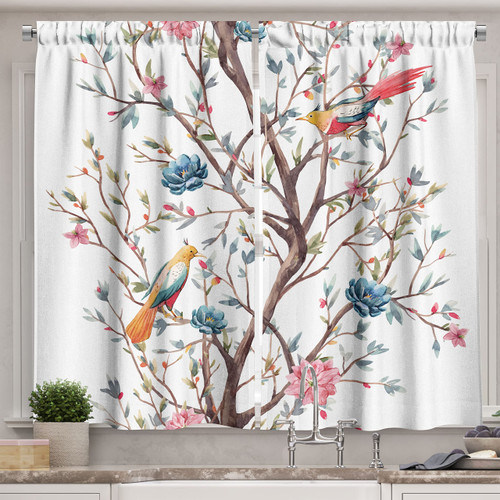 Ambesonne Plant Watercolor Kitchen Curtains, Pattern of Forest Tree with Birds Humming and Flowers Blooming, Window Drapes 2 Panel Set for Kitchen Cafe Decor, 55" X 39", Blue Mustard