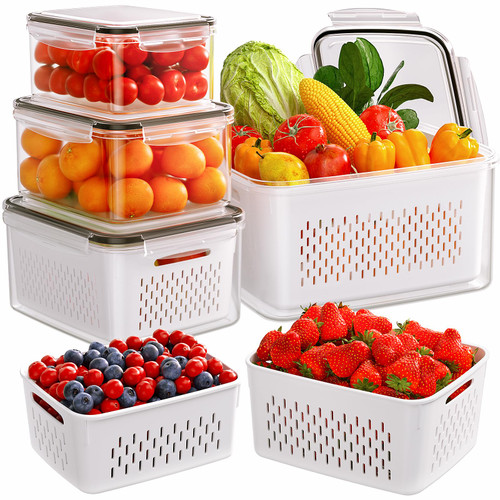 4-Pack Fruit Storage Containers for Fridge with Removable Colanders, 4 in 1 Produce Storage Containers for Refrigerator, Food Storage Containers with Lid for Salad Berry Lettuce Vegetables Meat Keeper
