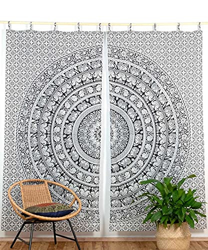 Mandala Curtain Loops Opaque Translucent Oriental Handmade Elephant Pattern Black and White Indian Curtain with Loops Opaque Translucent Oriental Handmade