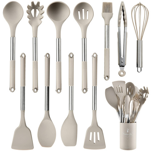 Keidason Kitchen Cooking Utensils Se, 12-piece Non-stick Silicone Kitchen Utensils Sets Heat-resistant, BPA-Free,Stirring Kitchen Tool Set -Khaki