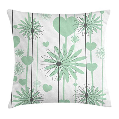 Lunarable Hearts Throw Pillow Cushion Cover, Floral Abstract Striped Background Soft Color Daisies Nature Flourish, Decorative Square Accent Pillow Case, 18 X 18 Inches, Mint Green Charcoal Grey