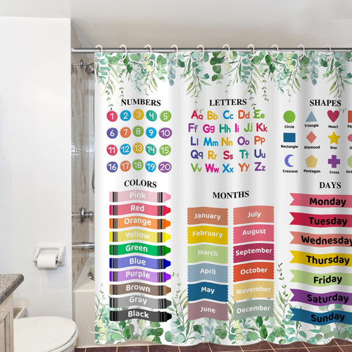 Kinlop Children Alphabet Shower Curtain Kids Bathroom Shower Curtain 72''W x 72''H Educational ABC Students Baby Learning Tool for Bathroom Decor Polyester Fabric Waterproof Sets with 12 Plastic Hooks