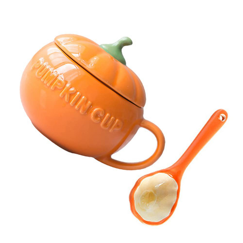 BESTOYARD 1 Set Pumpkin Cup Ceramic Coffee Mug Milk Cup with Lid Spoon Soup Mug Breakfast Cup Water Drinking Cup Tea Cups for Halloween Cappuccino Latte Cereal Yogurt Beverage S