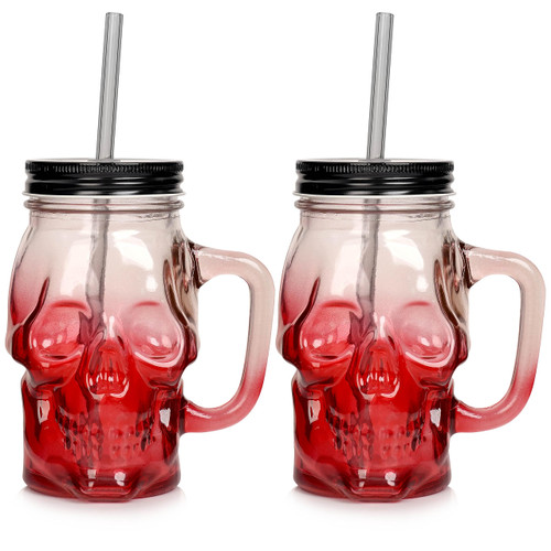 Halloween Cups- Skull Cups- Halloween Mug- 16OZ Halloween Party Cups- Halloween Tumbler with Lid and Straw- Halloween Decorations- Skull Mason Jar Cups- Mason Jar for Halloween- Set of 2