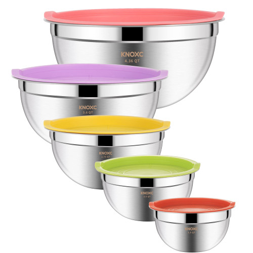 KNOXC Metal Mixing Bowls with Lids for Kitchen, Meal Prep Stainless Steel Mixing Bowl Set for Baking, Cooking, Food Storage, Easy to Clean, Nesting Salad Bowls ( Set of 5) (colorful)