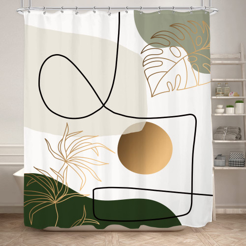KOMLLEX Green Abstract Mid Century Shower Curtain for Bathroom Decor 60Wx72H Inches Minimalist Geometric Modern Aesthetic Boho Neutral Gold Leaves Sun Line Fabric Waterproof Polyester 12 Pack Hooks