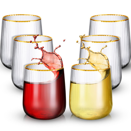 Stemless Wine Glasses Set of 6, 15 Oz Gold Rimmed Stemless Glasses Vertical Stripe Water Glasses Cups Gold Rim Crystal Drinking Glasses for White, Red Wine Stemless Wine Glasses Set of 6, 15 Oz Gold Rimmed Stemless Glasses Vertical Stripe Water Glasses Cups Gold Rim Crystal Drinking Glasses for White, Red Wine