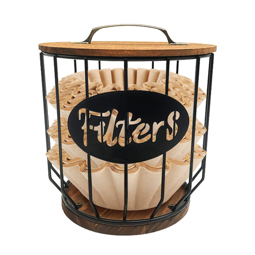 Coffee Filter Holder, Rustic Coffee Filter Storage Container with Lid, Coffee Filter Basket for Counter, Coffee Filter Dispenser Coffee Bar Accessories Coffee Station Organizer (0291-F-Black)