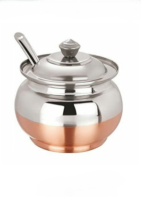 KSJONE Copper Coated Stainless Steel Ghee Pot with Spoon | Ghee Container for Kitchen | Premium Oil Container with Lid for Pooja Items, 200 ML