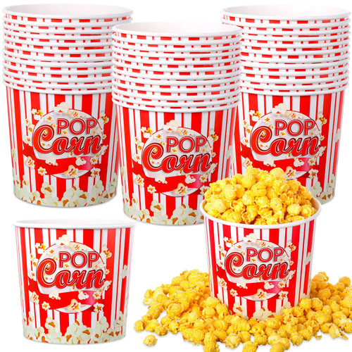 Kisston 30 Pack Popcorn Buckets Disposable White and Red Striped Paper Popcorn Containers Large Popcorn Boxes Greaseproof Popcorn Holders Reusable Popcorn Tubs for Movie Night Party Theater (85oz)