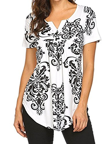 Miskely Women's Paisley Printed Short Sleeve Blouses V Neck Pleated Ruffle Casual Tunic Tops Shirt (M, Black)